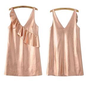 ZARA Rose Gold Metallic Faux Leather Ruffle V-neck Mini Dress